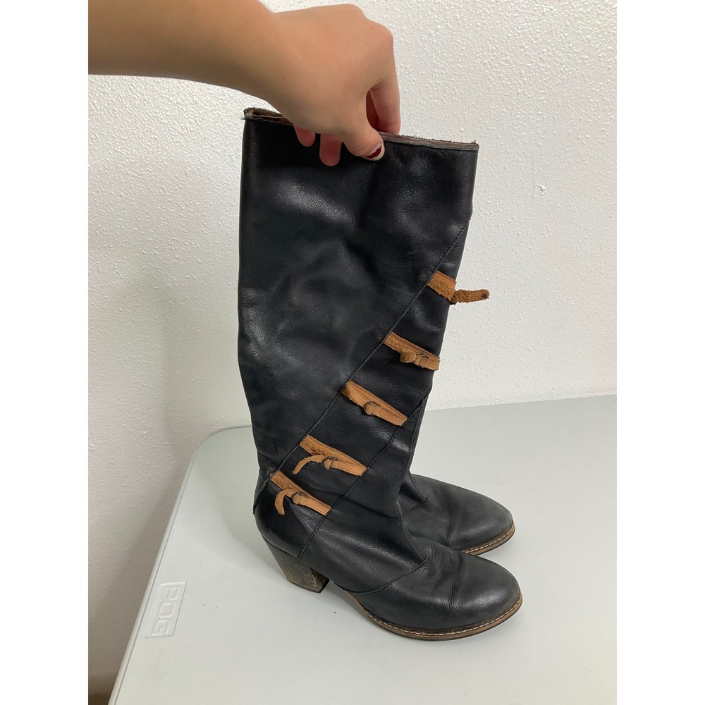 Holding Horses Black Leather Tall Boots Side Tie Boho Block Heel Size 37